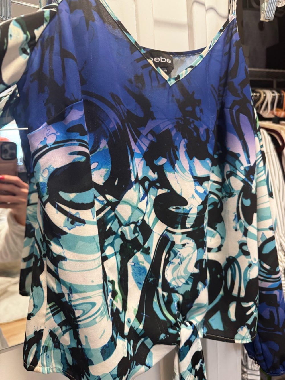 bebe Blue & Aqua Abstract V-Neck Blouse